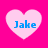 Four pink heart shapes with blue text "Jake" on a bright pink background, arranged in two of two hearts each