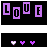 Animated pixel art sequence showing purple 'LOVE' text and heart symbols cycling through variations of partial text and color changes on black background.