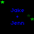 Blue text 'Jake + Jenn' on black background with green stars moving in circular patterns around the text.