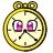 Pixelated clock icon with yellow border, black hands, and purple eyes on a light background.