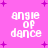 Pixelated text 'angie of dance' on pink background with purple star shapes, displayed in four identical quadrants.