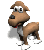 Brown cartoon dog with white chest and red collar stands in profile, head turned right to left.