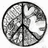 A static image with four distinct sections: a grayscale peace symbol, a black outline heart, green shamrocks and musical notes, and the word 'laugh' in bold green letters.