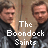 Static pixelated image of two men in dark clothing with white text overlay reading "The Boondock Saints" on a brown background.