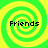 Four identical pixelated spiral patterns in green and yellow with the word 'Friends' overlaid in black text on each spiral.