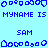 Pixelated blue text and shapes on light blue background with gray rectangle, repeating 'MYNAME IS' and 'SAM' in