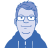 Pixelated portrait of a person with short blue hair, light skin, and glasses, wearing a blue hoodie with a white zipper, against a gray background.