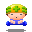A 4-frame animated contact sheet of a pixelated character with green-and-yellow hair, blue outfit, and changing mouth expressions sitting on a blue bar against gray background.