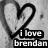 A grayscale pixelated icon features a large heart symbol with the number 2 inside, overlaid by text reading 'i love brendan' in blocky font.