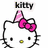 Pixelated white cat face with black outline, pink bow on head, yellow nose, and 'kitty' text above.