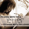 Animated contact sheet showing three sequential frames of a person writing with a pen, overlaid with text about writing letters and books.