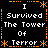A 4-frame contact sheet of a pixel art animation showing repeated text "I Survived The Tower Of Terror" in white on black with orange decorative borders and asterisks.