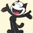 A 48x48 pixel animated buddy icon featuring a black-and-white cartoon cat character with red mouth on left and green text logo on right, displayed as a contact sheet of two frames.