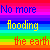 Pixelated text reads "No more flooding the earth" across horizontal rainbow stripes on a static image.