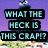 A pixelated image shows a dark blue character with large eyes and an open mouth against a purple background, next to stacked text reading WHAT THE HECK IS THIS CRAP?