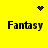 Yellow background with four 'Fantasy' text blocks and two pixelated symbols: a heart at top center and a starburst pattern in the upper right.