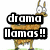 Pixelated cartoon llama with brown body and white face stands on green grass, overlaid with black text reading "drama llamas!!" and "is there a video camra in here?".