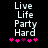 Pixelated text 'Live Life Party Hard' above five pink and purple asterisks on black background, with animation changing the third asterisk from pink to purple.