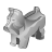Pixelated grayscale dog icon with upright ears, a short snout, and a tail curled over its back, standing on four legs against a white background.