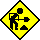 Yellow diamond-shaped warning signs with black silhouettes of workers performing tasks, showing progressive damage to the worker figures and surrounding objects.