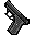 Pixelated handgun icon in two states: idle and firing with muzzle flash and ejected casing.