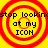 Four identical red concentric circles on a yellow background with black text reading 'stop looking at my ICON' in pixelated font.
