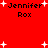 Red background with white plus signs and black text reading "Jennifer Rox" in two , displayed in a of four identical sections