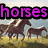 Pixelated image showing three horses in a field beneath bold purple text reading 'horses' on black background.