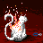 Pixelated white cat with gray accents stands against dark red background, emitting pink and orange pixel bursts from its body.