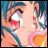 Anime-style character face with blue hair, large eyes, and pink cheeks, next to stylized text on black background.