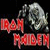 Pixelated static image featuring red text "IRON MAIDEN" and a metallic silver/grey mascot head against black background.
