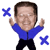 A cartoon figure in a blue jacket and black pants with raised arms, surrounded by blue X symbols on a gray background.
