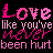 A 4-frame animated contact sheet showing a pixelated text-based animation with pink and white lettering on black background, repeating the phrase "Love like you've never been hurt" across four identical frames arranged in a 2x2 grid.