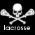 Pixelated skull and crossed lacrosse sticks on black background with 'lacrosse' text below, rendered in monochrome grayscale.