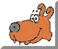 Animated orange cartoon dog with large eyes, a gray nose, and drooling mouth on white background.