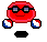 Red pixelated sphere with black sunglasses, white eyes, and blue-red-white circular side elements on a white background.