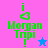 Pixelated green text reads 'i Morgan Tripi!' with a heart symbol above the i, on split pink and blue backgrounds featuring small star icons.