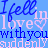 Pixelated text repeats 'I fell in love with you suddenly' across blue and pink lettering on a light blue background.