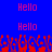 Blue background with four red 'Hello' text blocks arranged in a above a pixelated red and blue abstract pattern at the bottom