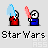 Animated pixel art of two figures in red and blue outfits clashing lightsabers with blue and pink effects against a gray background.