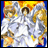 Pixelated anime-style group of three characters with white and gold clothing against a blue and yellow background, next to black with white text