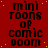 Red background with yellow dots and repeated black text "mini TOONS of comic DOOM" in a pattern