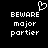 Black background with white pixelated text reading BEWARE major partier and a heart symbol above the first line.