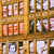 A static pixelated image of a wooden bookshelf filled with books, featuring multiple shelves and a warm brown color palette.