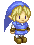 Pixel art character with blonde hair and blue hooded tunic in four sequential poses showing walking animation.