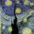 A pixelated image of a starry night scene with text identifying it as Vincent Van Gogh's work.