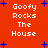 A 2x2 contact sheet of four identical animated frames showing a red background with white pixelated text "Goofy Rocks The House" and scattered blue star shapes.