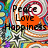 Pixelated static image with bold black text reading Peace Love Happiness over a multicolored abstract background featuring orange, red, blue, green, and purple hues.