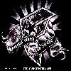 Pixelated black-and-white icon featuring a stylized skull with sharp teeth, glowing eyes, and radiating spikes against a solid black background.