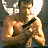 A muscular man with short hair holds a black handgun, standing before a bright circular light source with a winged figure behind him.